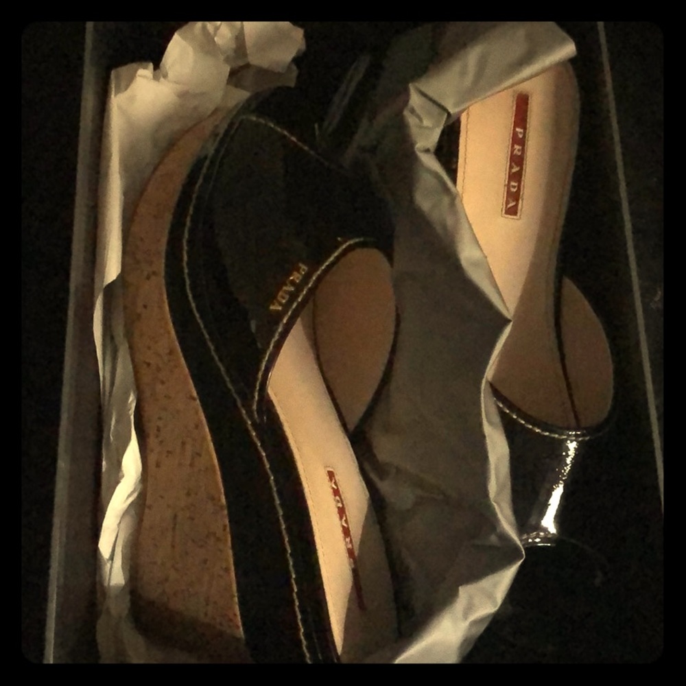 Prada wedge patent heels